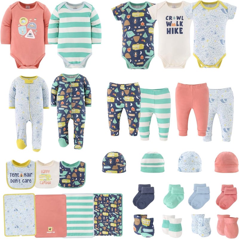 The Peanut Shell Baby Layette Gift Set for Baby Boys or Girls - 30 Piece New Born Unisex Gift Set, Clothes & Newborn Essentials Must Haves - Clothes 0-3 Months - Happy Camper - Image 1